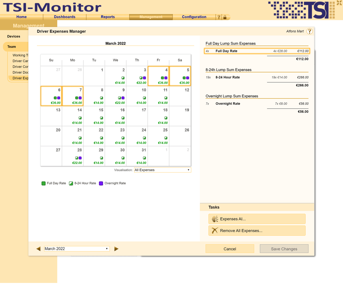 Graphical management of driver expenses with simple, interactive and intuitive visualisation.