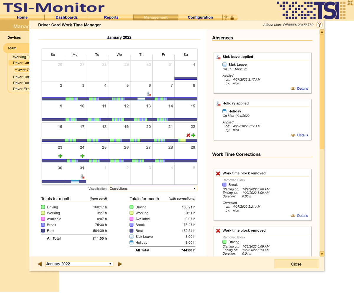 Detailed month overview of all working, holiday and sick leave times