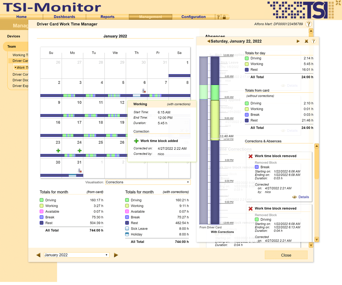 Easily edit working time details for each day and visualise changes and corrections immediately.